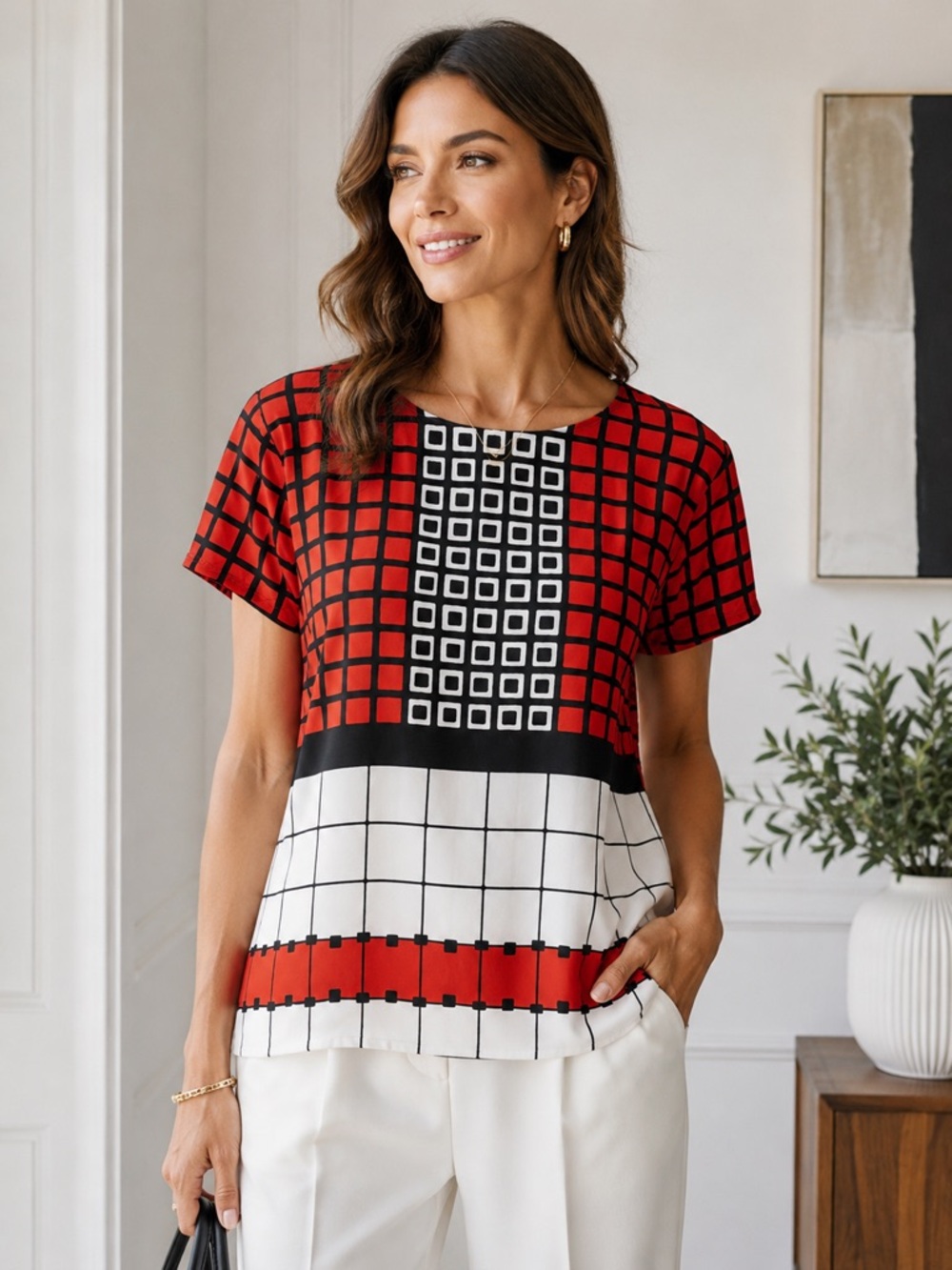 Anne Klein Red, Black and White Geometric Dress with Gold Zip size XL